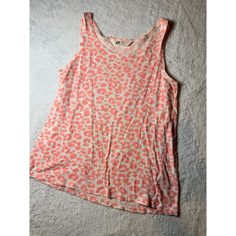 H & M kids sz 12-14yr coral salmon leopard print tank top w/ sequin accents